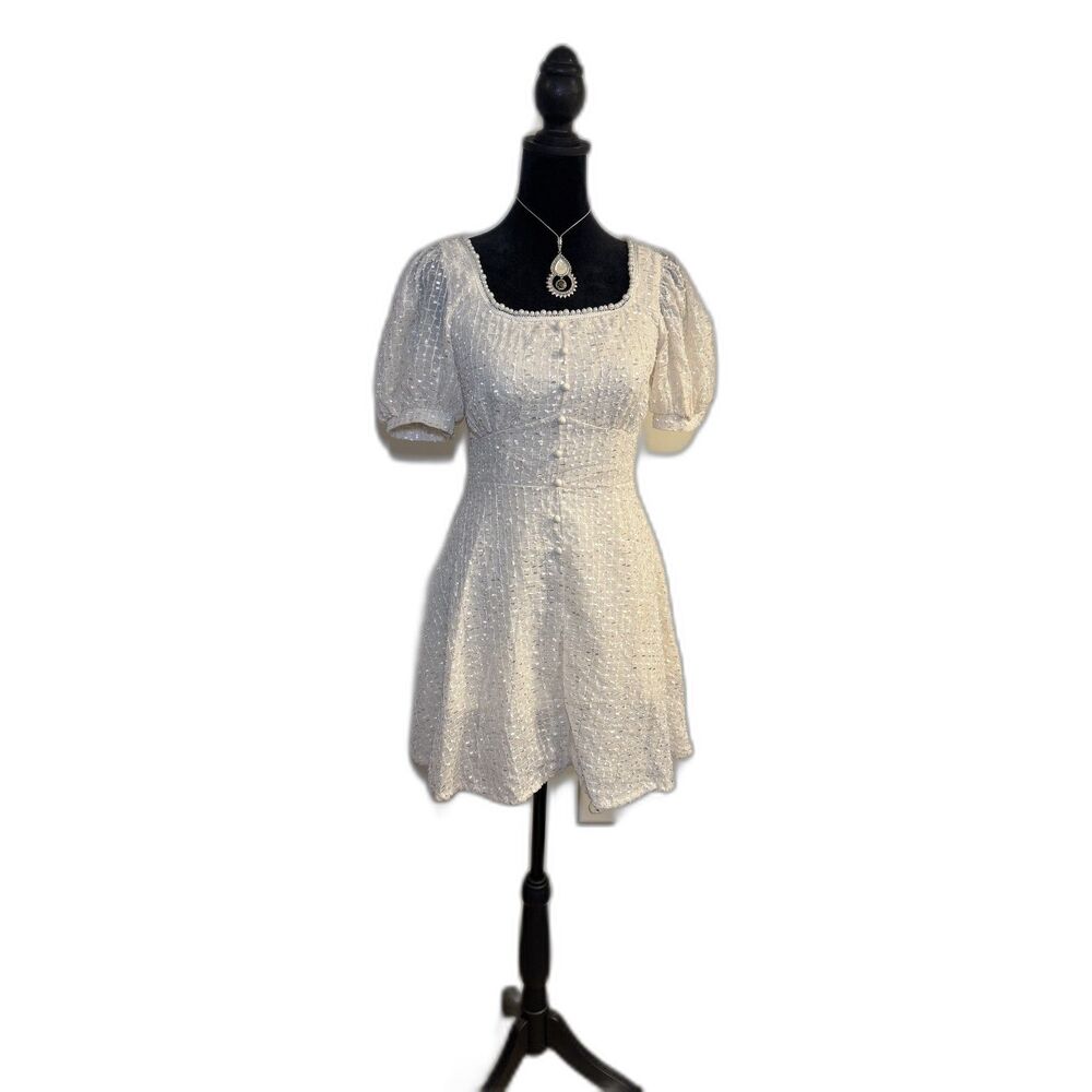 60s Coquette Cream Pearl Embellished Puff Sleeve Mini Dress